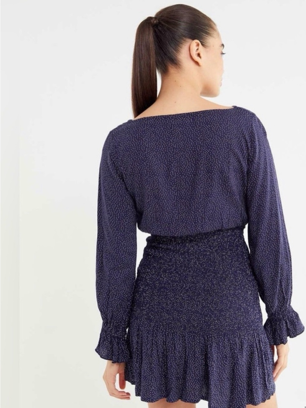 Urban Outfitters Navy Dot Long-Sleeve Smocked Waist Mini Dress